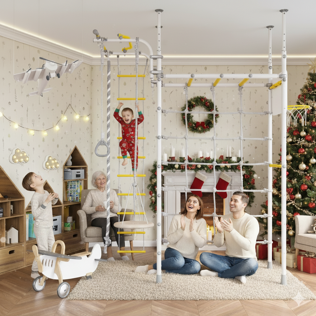 The large, decorated Christmas tree is visible in the background, with a few brightly wrapped non-electronic presents scattered around the base.