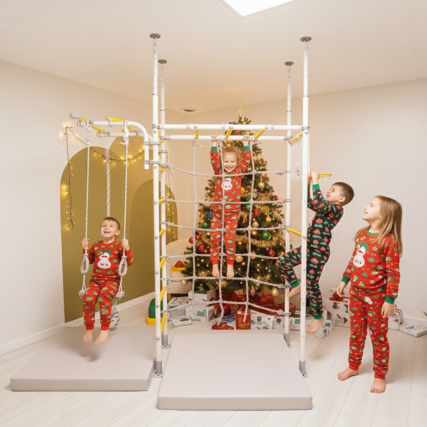 4 kids of different age group climbing on tinnitots moduar monkey bars in a christmas theme