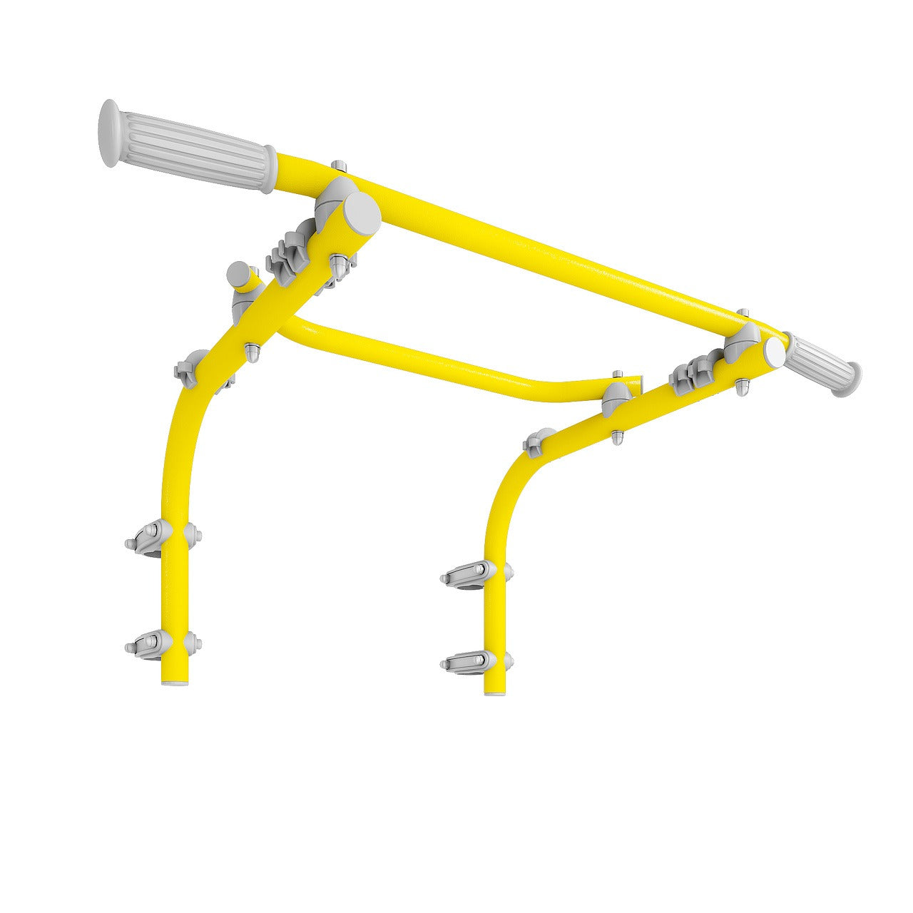 Yellow chin up frame with silver components on a white background