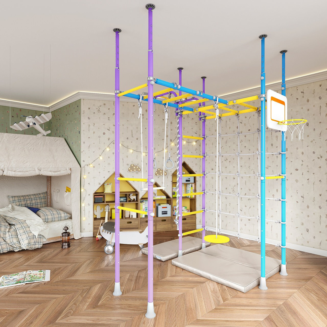 Children’s climbing frame with monkey bars, rope ladder, and basketball hoop – safe indoor play