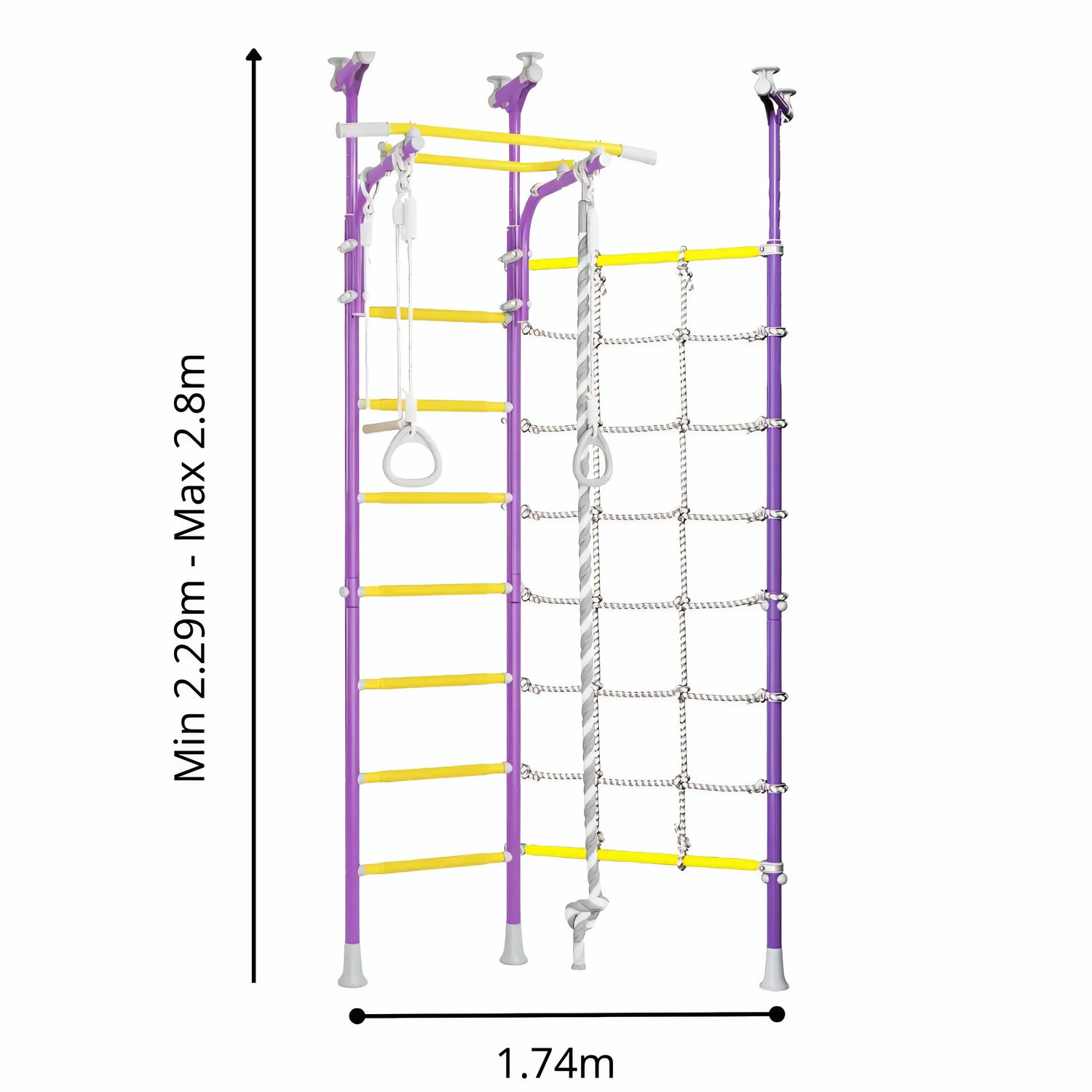 Purple and white climbing ladder with yellow rungs and sizing details