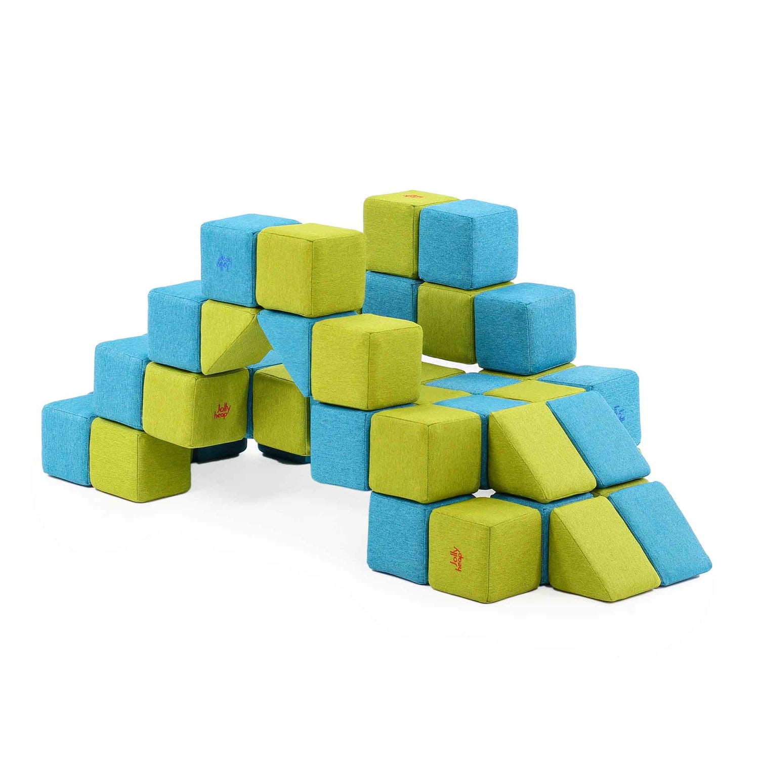 Large soft play construction built with vibrant blue and neon green modular foam cubes - kids building set Australia