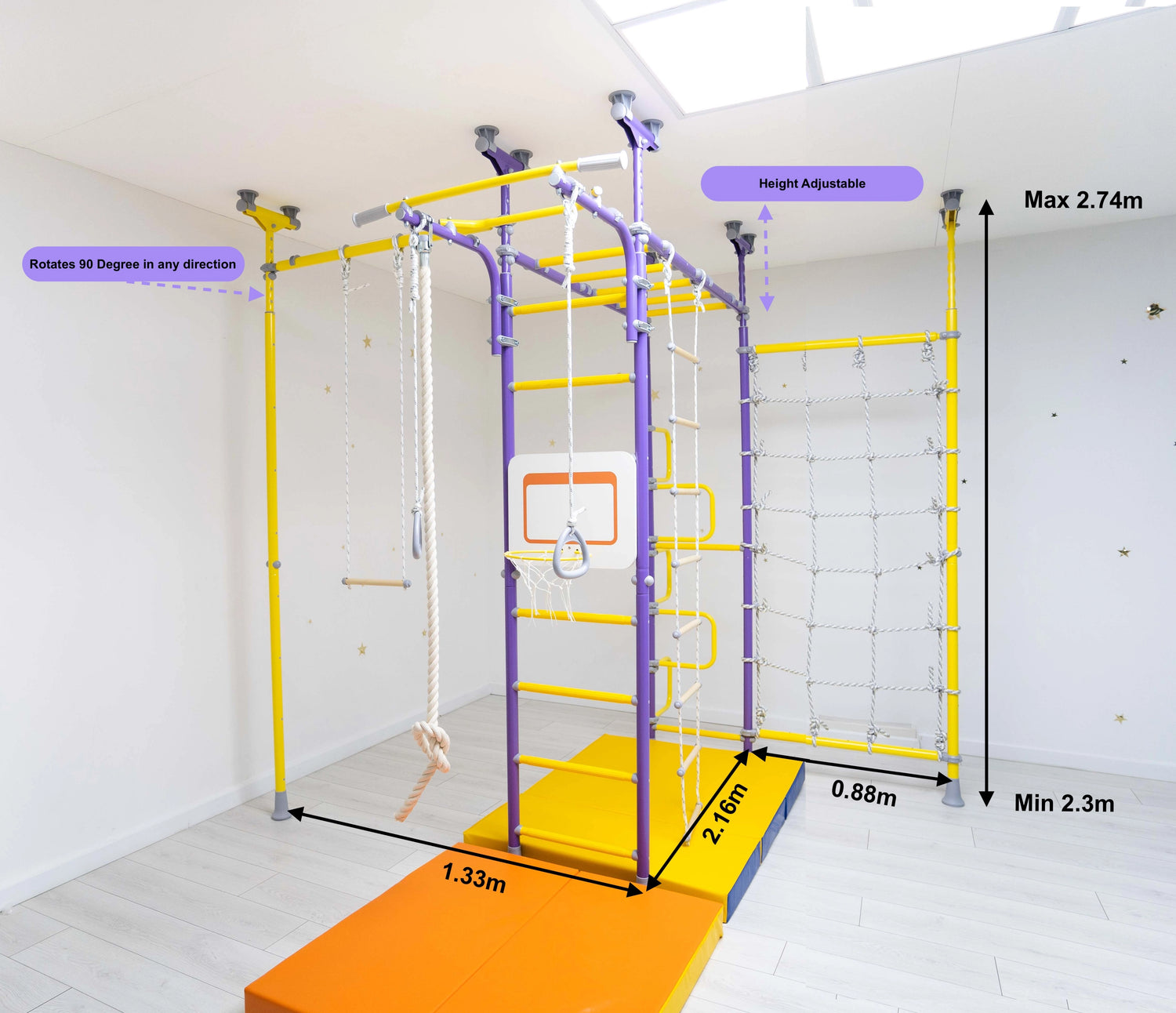 Monkey bars for kids with spider cargo net and basketball hoop