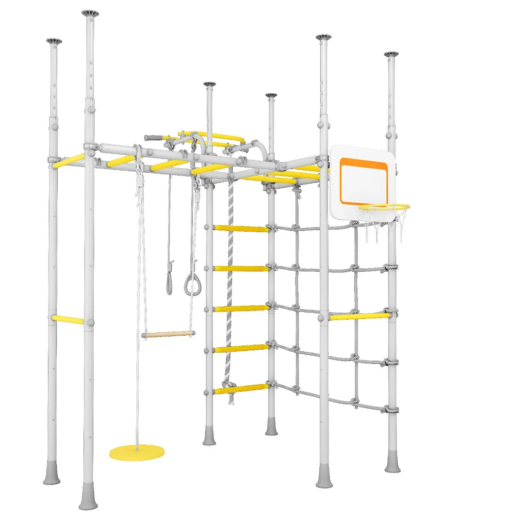 Space-saving indoor play gym with monkey bars, net, swing, and rope for Australian families