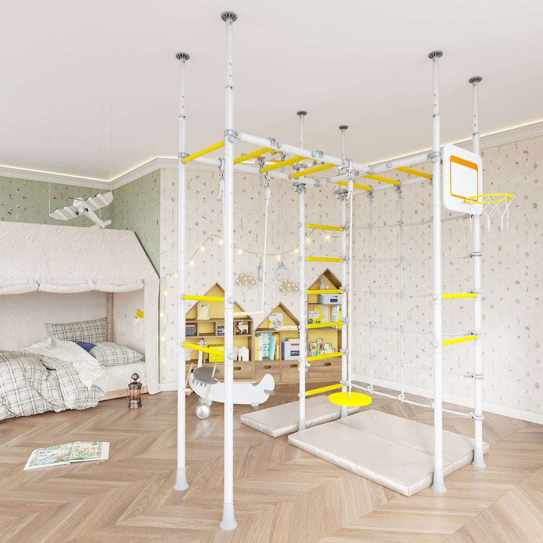 Indoor monkey bars jungle gym bundle in white and yellow – no drill design for Australian homes