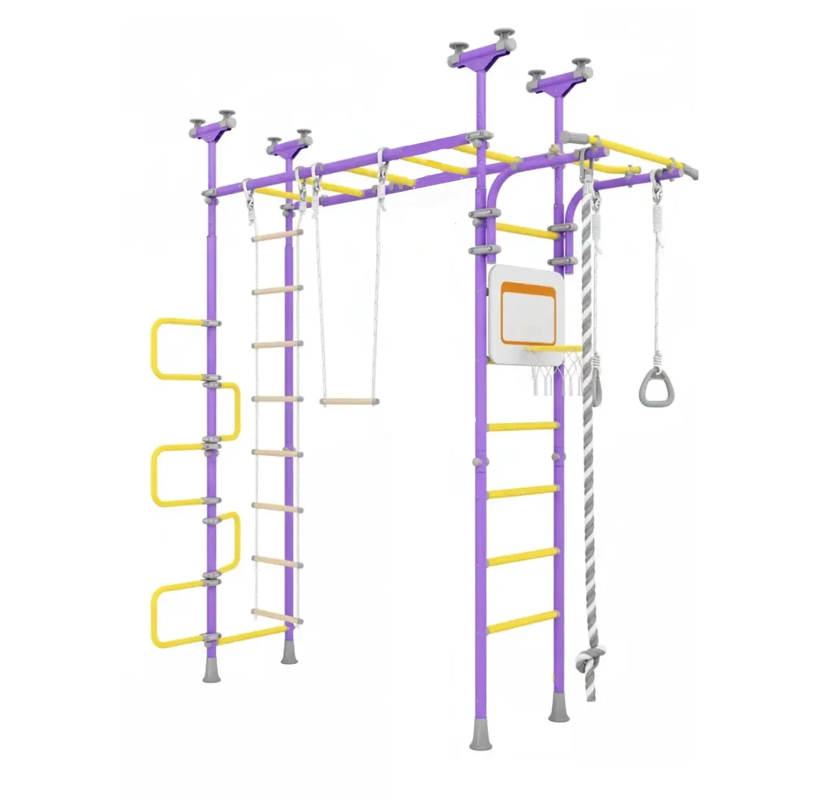 Children's play structure with purple and yellow elements on a white background