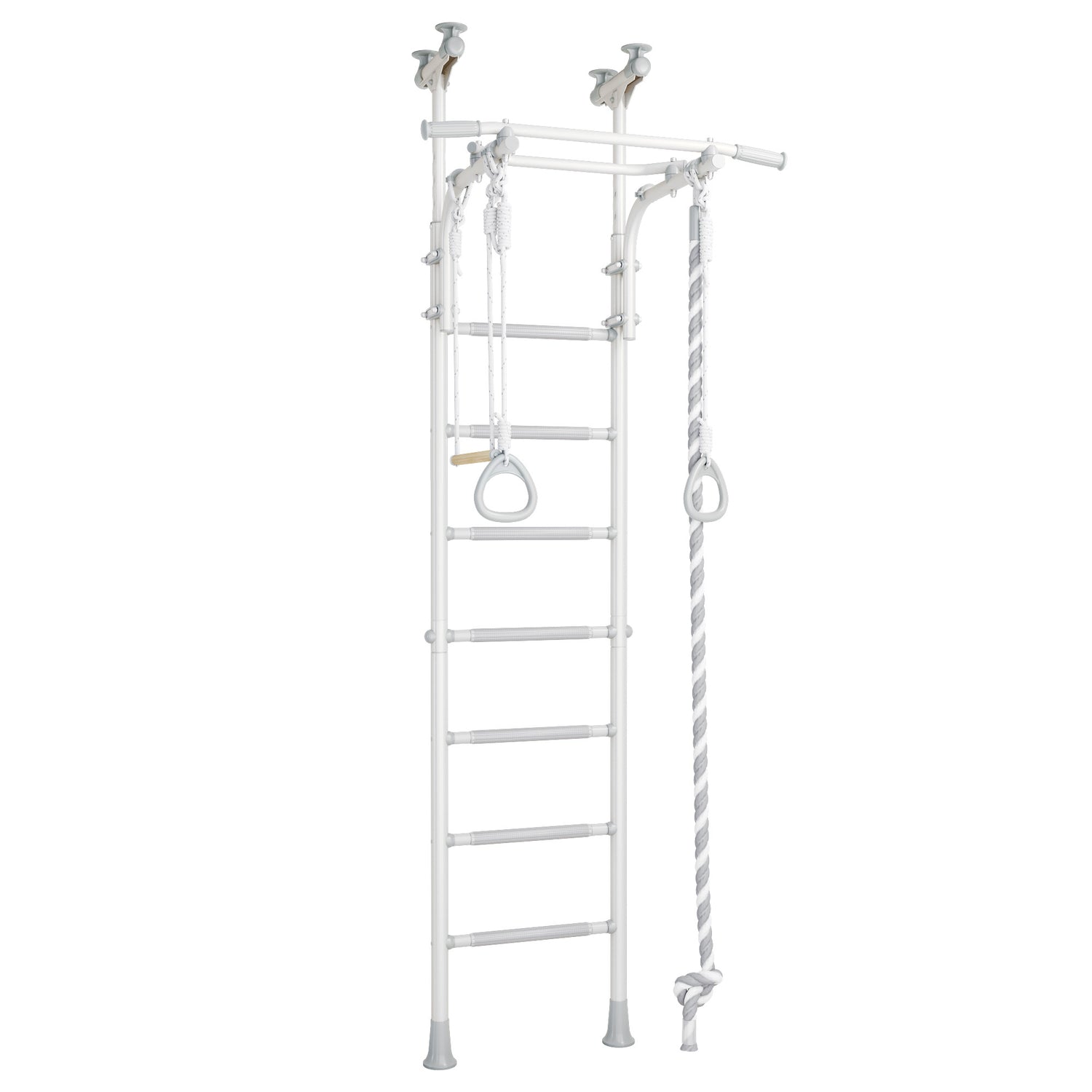 Indoor climbing frame with ladders and gymnastics rings, placed in a room with floral wallpaper, a rocking horse, and various children's toys.