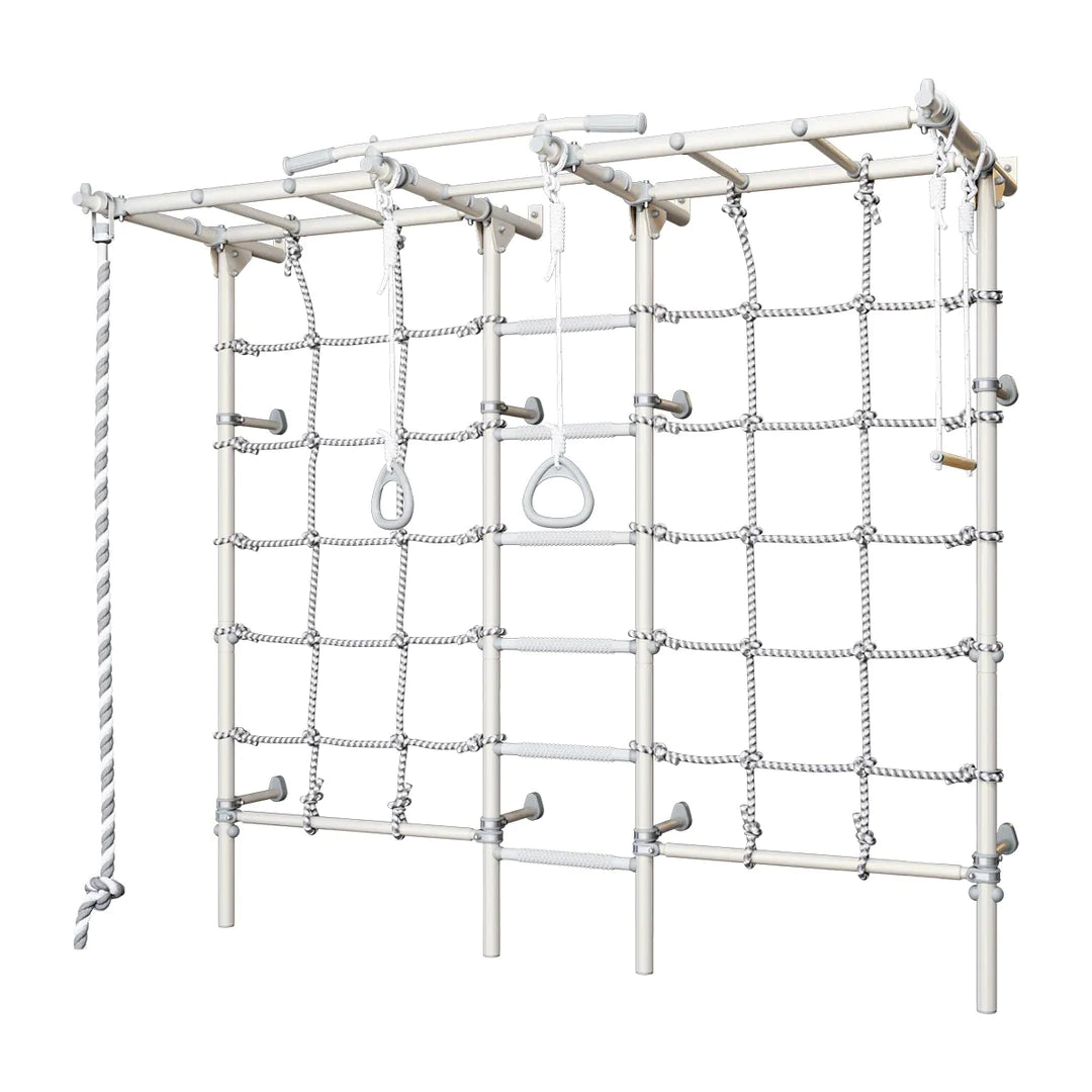 A white and silver sensory climbing monkey bars ladder play gym with ropes and metal components, designed for indoor play.