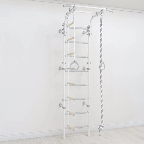 White pull-up bar with various attachments against a white wall.