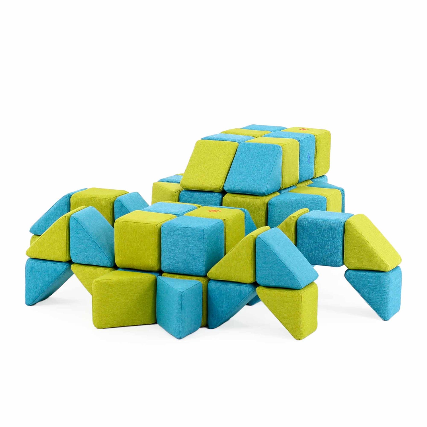 Child-built animal or figure made from blue and lime green magnetic soft foam blocks - JollyHeap creative toy Australia