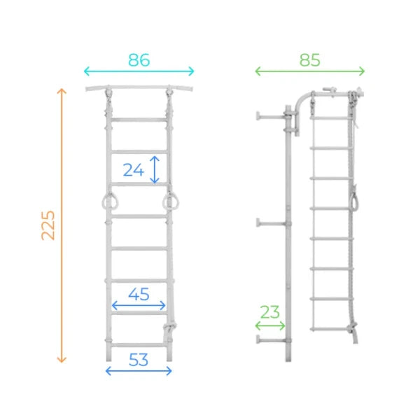 Measurement chart of a metal ladder with dimensions labeled on a white background