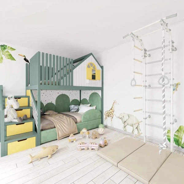 Children's room with a green and yellow bunk bed, toys, and a climbing frame.