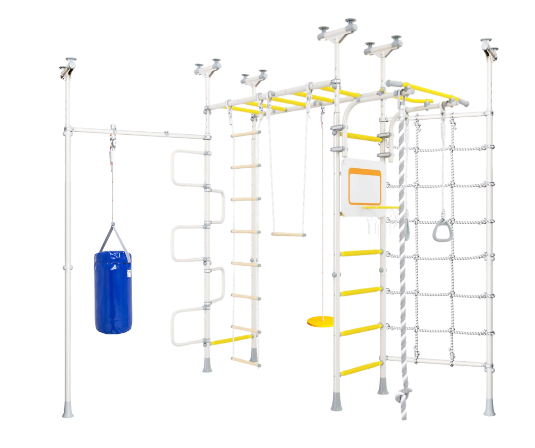 Children's play gym with punching bag and basketball