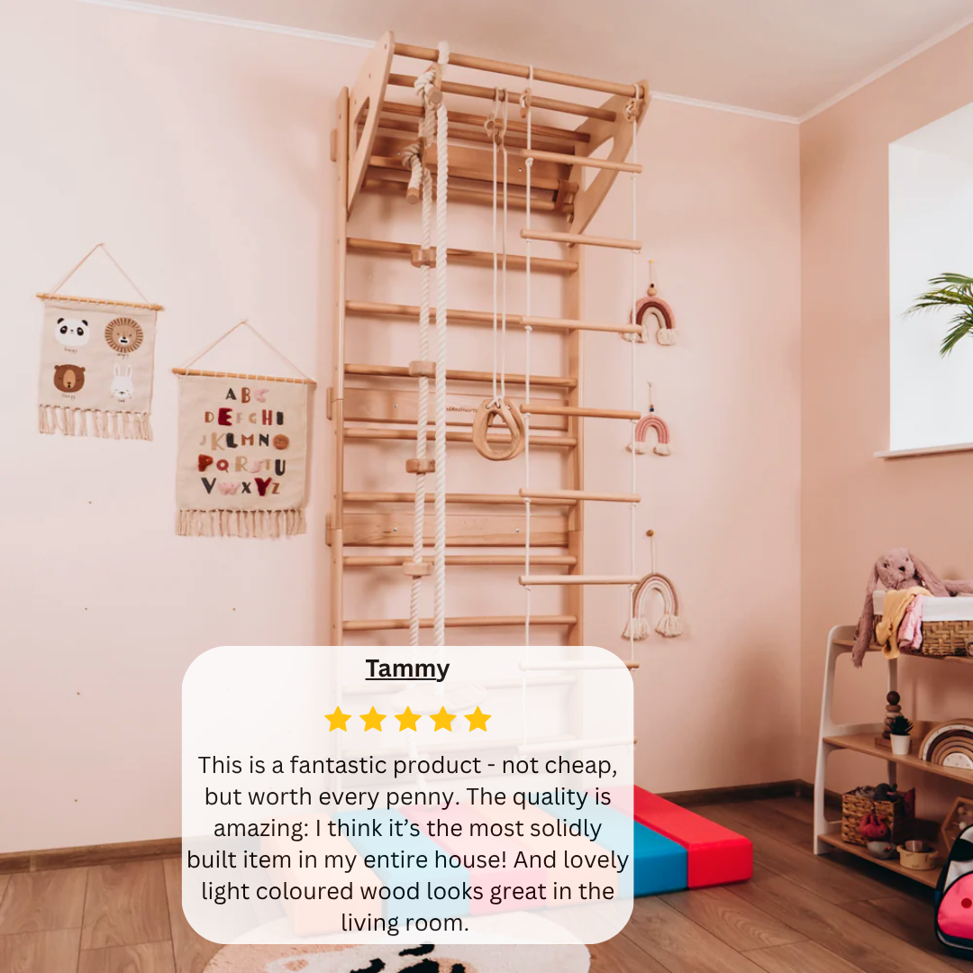 Montessori-inspired natural wooden baby play gym with hanging sensory toys