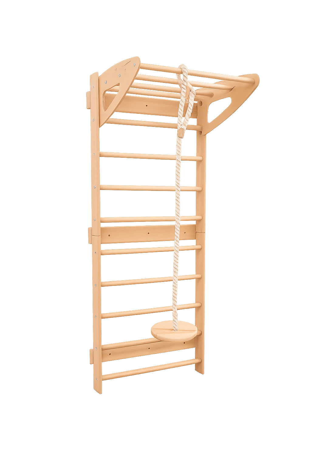 Wooden climbing ladder with a swing on a white background