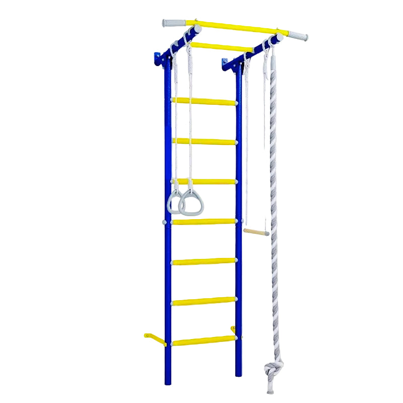 Swedish Wall Bars featuring a ladder, rope climber, gymnastics rings, trapeze, and chin-up bar designed for children's indoor play in blue yellow