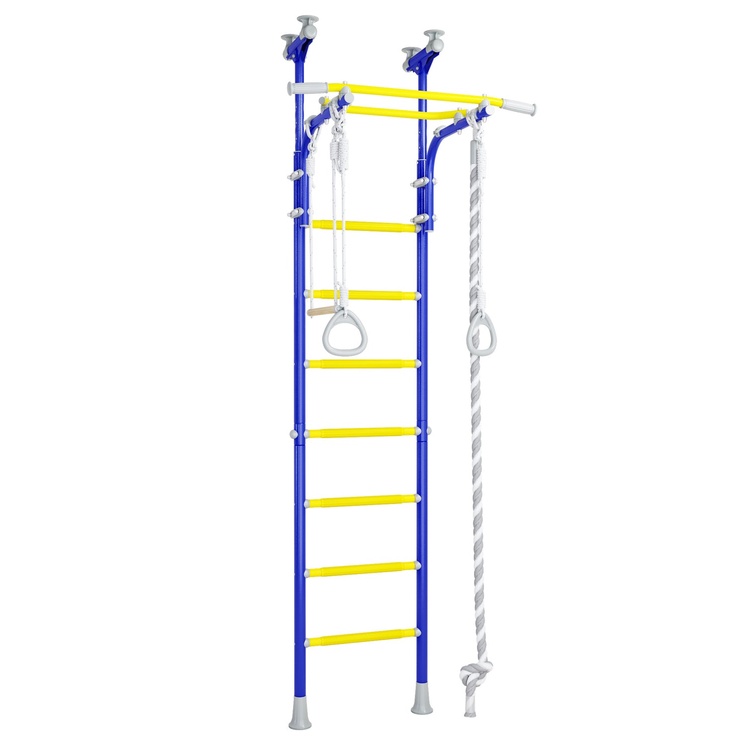 Indoor climbing frame with ladders and gymnastics rings, placed in a room .