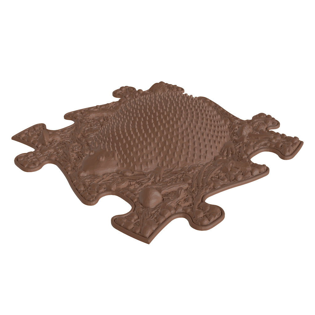 A brown Hedgehog Sensory Playmat designed to look like a puzzle piece with a textured pattern representing a hedgehog.