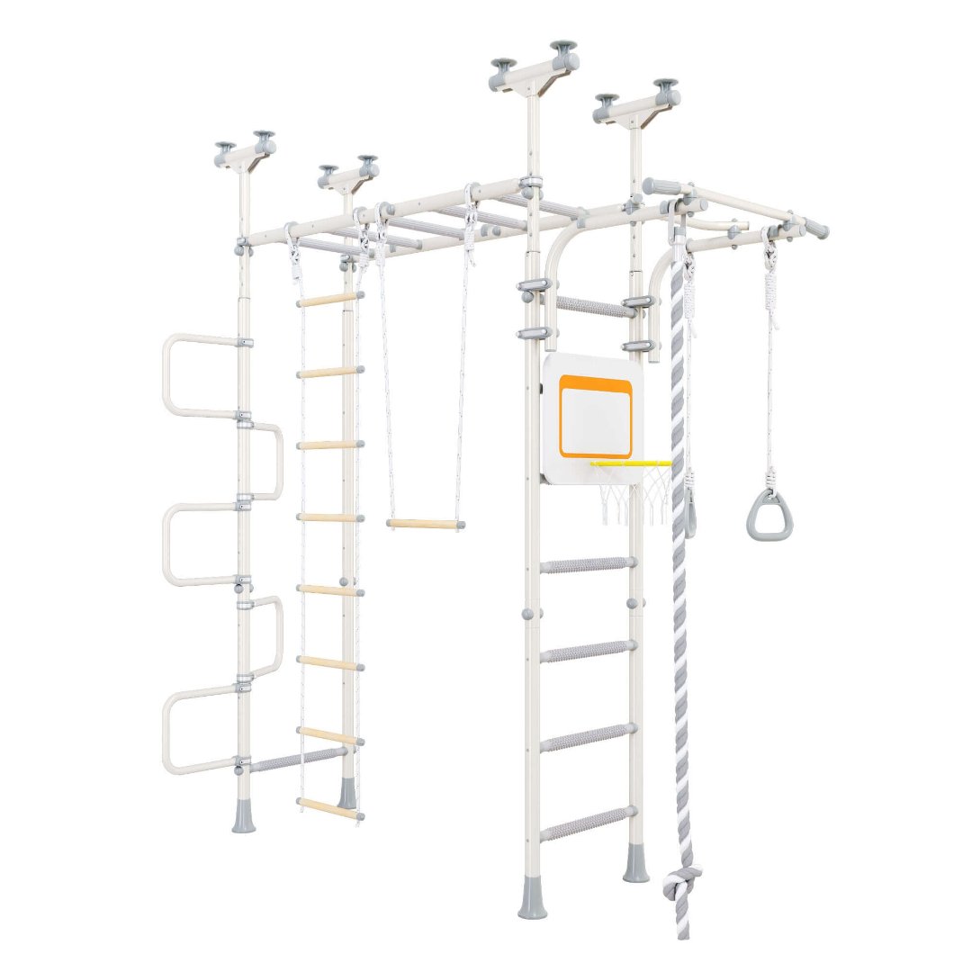 Best Indoor monkey bars for Children playing basketball hoop, and sensory ladder.