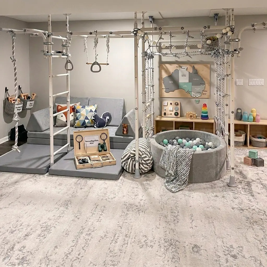 A modern indoor sensory playroom featuring NDIS-funded equipment from Tinnitots. The space includes a white metal climbing gym with ropes and swings, a grey modular play couch .