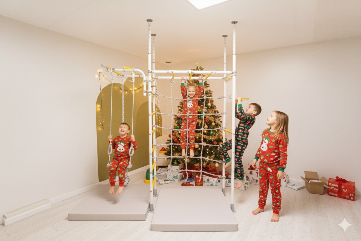 Four happy children in Christmas pajamas (2-year-old boy, 5-year-old girl, 10-year-old boy, 18-year-old girl) playing excitedly on a home indoor play gym on Christmas morning. 