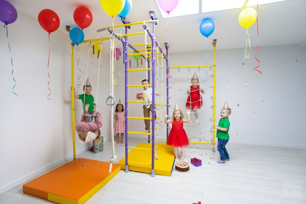 Kids playing party games on an indoor Swedish Wall home gym in a bright room in Australia. The gym features a climbing net and ladder. Colorful JollyHeap magnetic blocks are scattered on the white floor for an active and creative play area