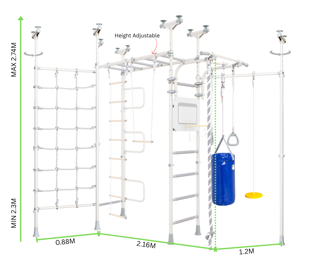 Modular, Free-standing, Customisable and Height-adjustable Indoor monkey bar setS for year-round usability regardless of Australian weather conditions 