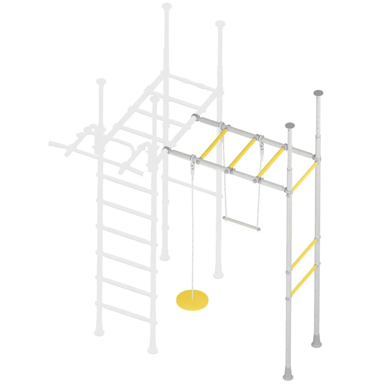 Children's play structure with ladder, monkey bars, and yellow platform on a white background