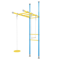 Children's play structure with monkey bars, ladder, and swing on a white background