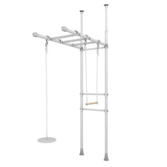 White metal play structure with ladder and swing on a white background