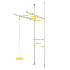 Children's play structure with monkey bars and swing on a white background