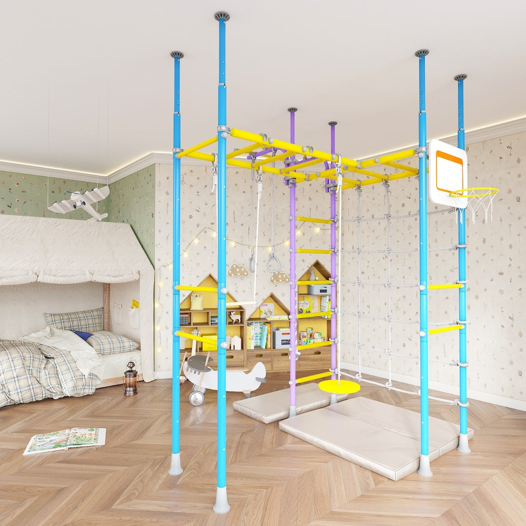 Colorful no-drill indoor jungle gym with monkey bars, basketball hoop, swing, and climbing net, installed in an Australian kids' bedroom, promoting active indoor play.