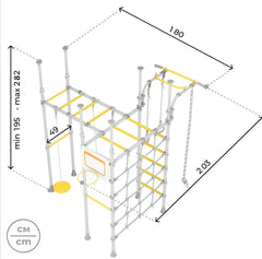 Children's play structure with dimensions labeled on a white background