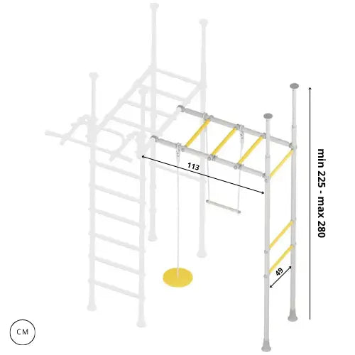 Children's play structure with monkey bars and climbing frame on a white background