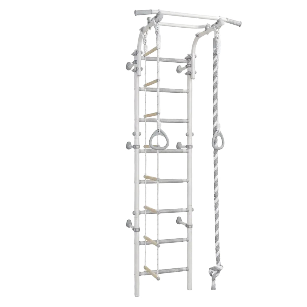 White metal monkey bar with ladder and rope on a white background
