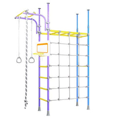 Indoor monkey bars for kids at home with basketball ring in purple yellow colour.