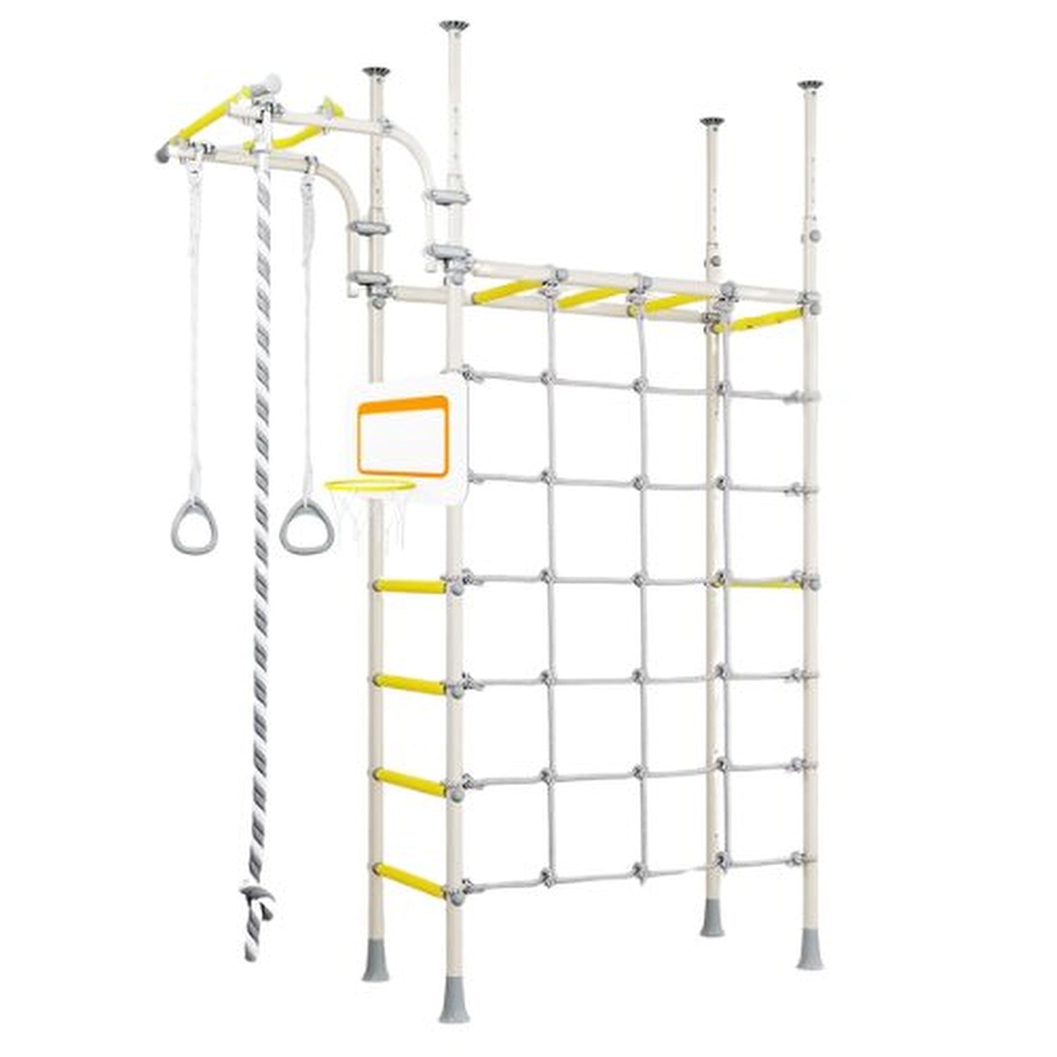 Children's play structure with climbing net, ladder, and rings on a white background