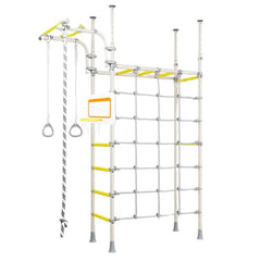 Children's play structure with climbing net, ladder, and rings on a white background