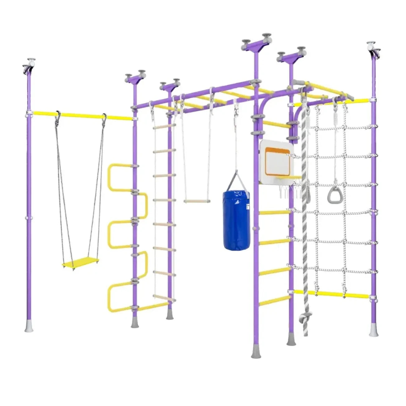 Children's playground structure with swing, and hanging bag on a white background