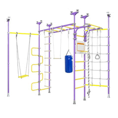 Children's playground structure with swing, and hanging bag on a white background