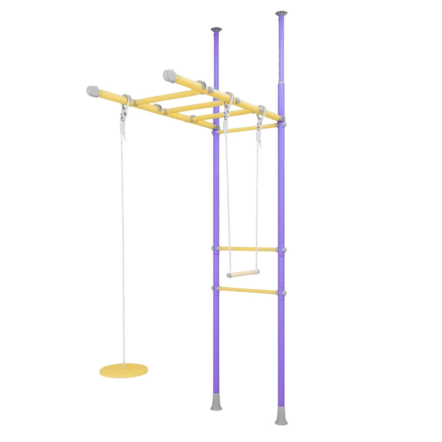 Children's play set with monkey bars, ladder, and swing in purple yellow colour