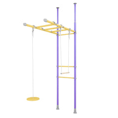 Children's play set with monkey bars, ladder, and swing in purple yellow colour