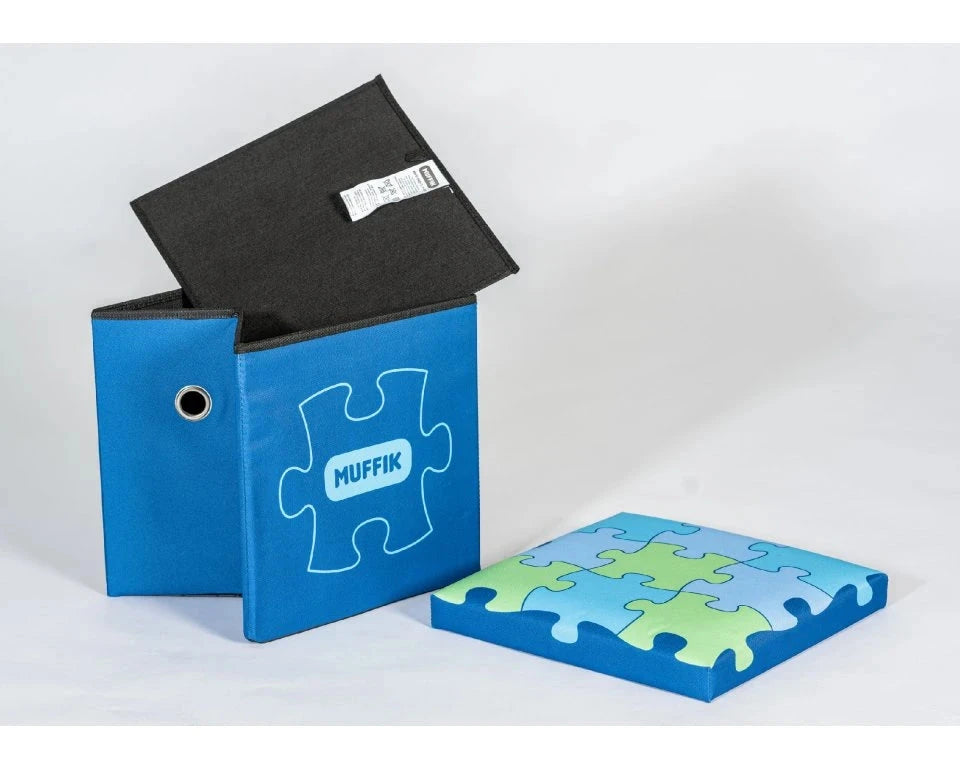 Open MUFFIK storage box with puzzle-style lid and flat mat – ideal for sensory playrooms and clinics