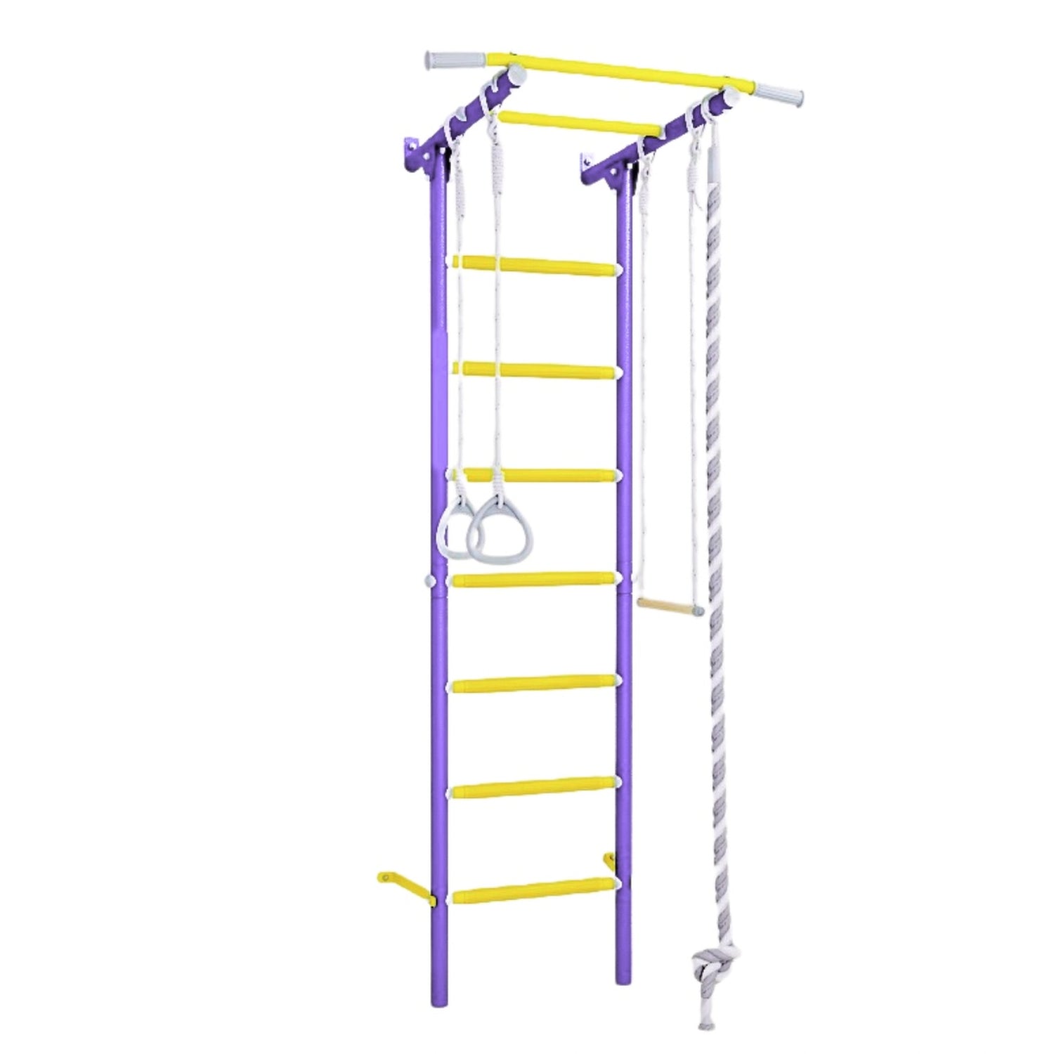 Children's play structure with yellow ladder, purple bars, and white rope on a white background