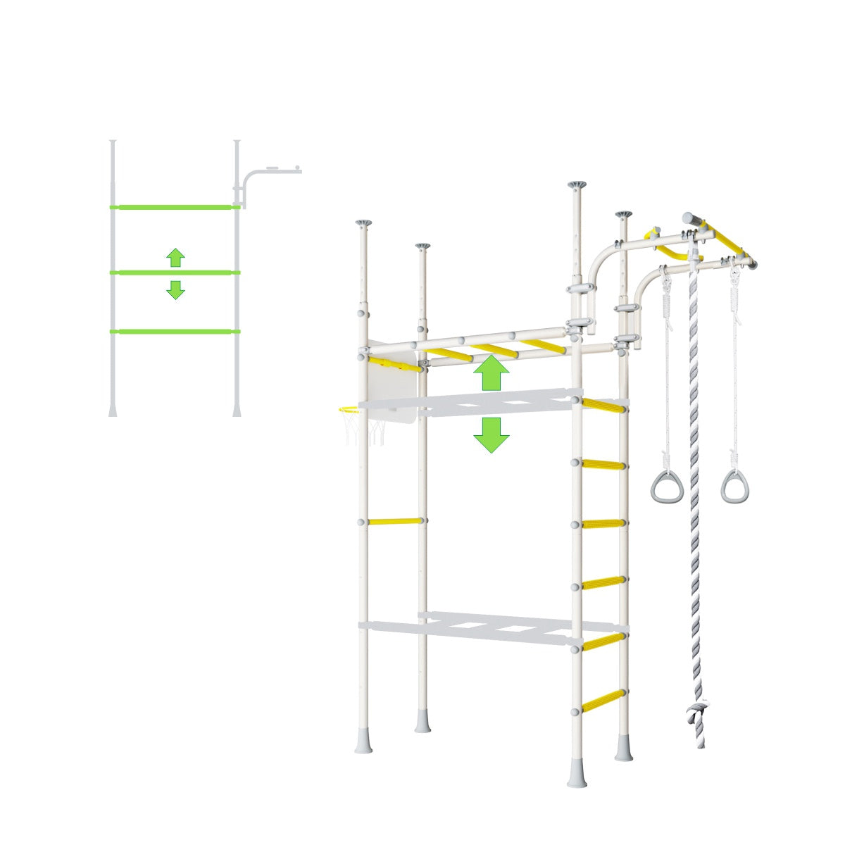 Versatile indoor play structure with chin up bars and a cargo net.