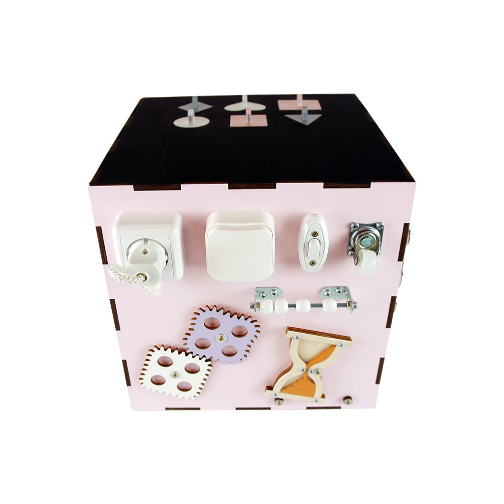 Wooden activty cube for toddlers from Tinnitots