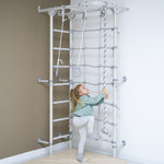 Load image into Gallery viewer, Monkey bars, gymnastics rings, spider net and climbing frame for kids in home play gyms.
