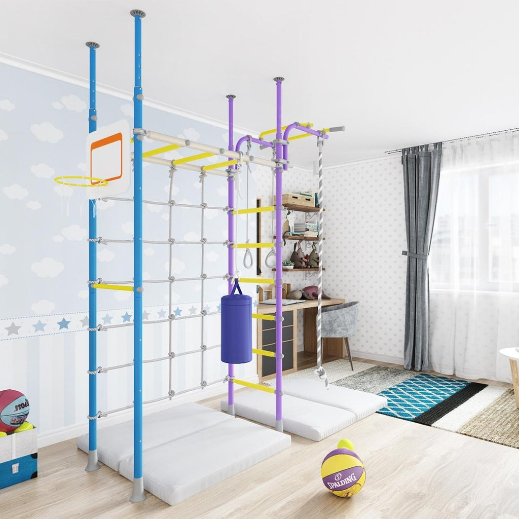 Swedish Home Play gym set with monkey bars, basket ball ring, and more